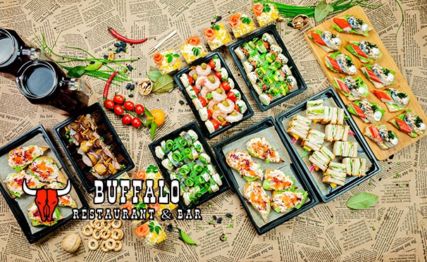 Скидка на Фуршетные сеты на выбор + доставка от ресторана Buffalo: мини-роллы, рулетики, канапе, брускетты и не только. Скидка до 50%