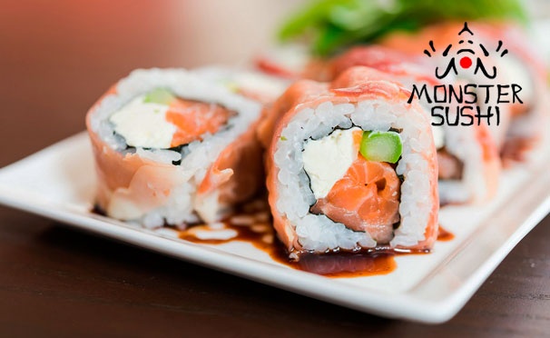 Скидка на Любые блюда и напитки от службы доставки Monster Sushi: салаты, супы, горячие блюда, суши и роллы, десерты и не только со скидкой 50%