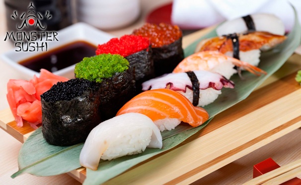 Скидка на Всё меню службы доставки Monster Sushi. Суши, сашими, роллы, супы, салаты, горячие блюда и многое другое. Скидка 50%
